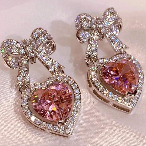 Cubic Zirconia Bow And Heart Earrings - Picture 3 of 7
